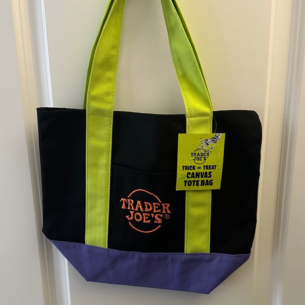 Trader Joes Black and Purple Canvas Tote Bag